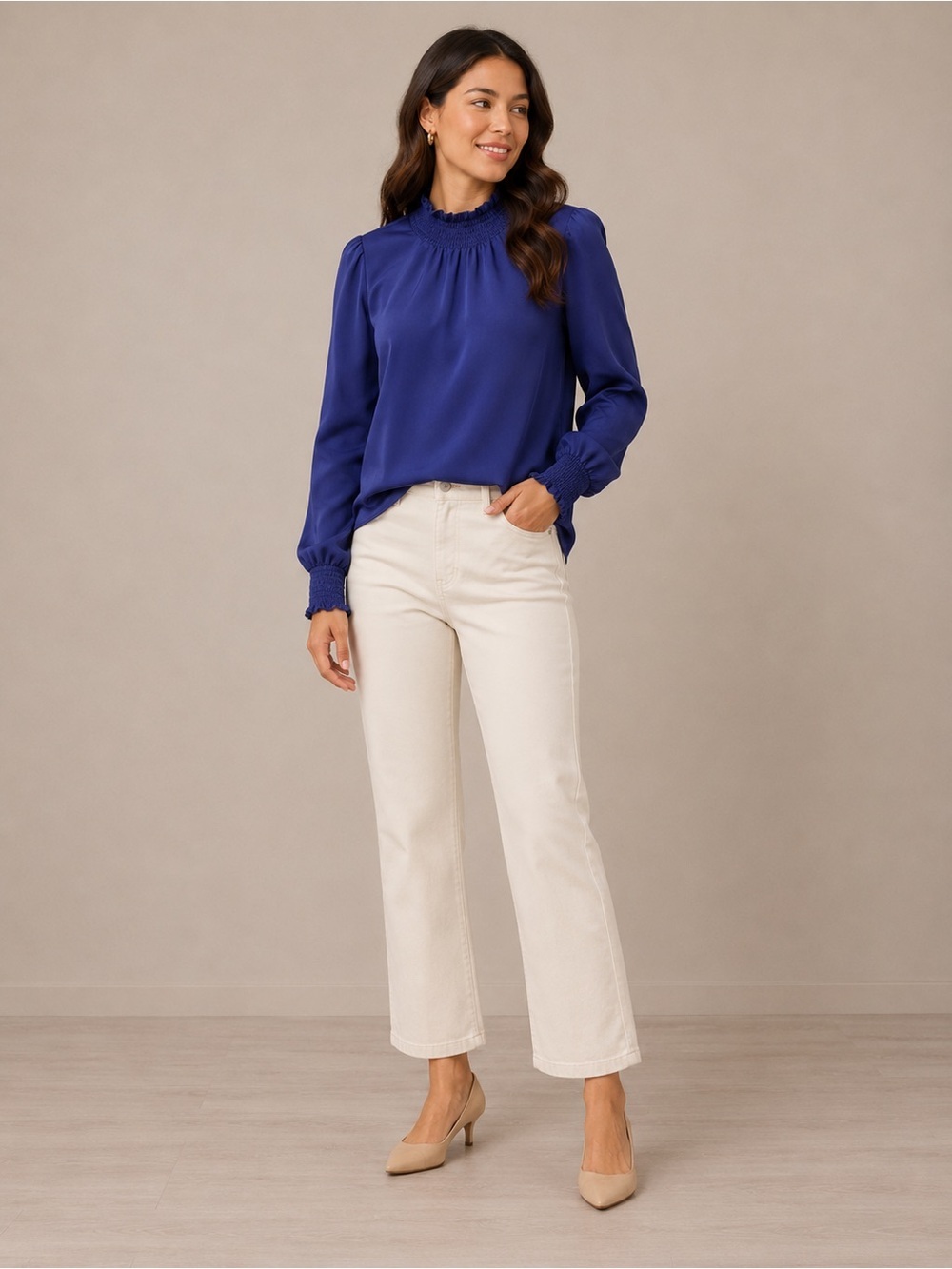 J. Crew Crinkle chiffon Royal‎ Blue Smocked Neck Long Sleeve Top
